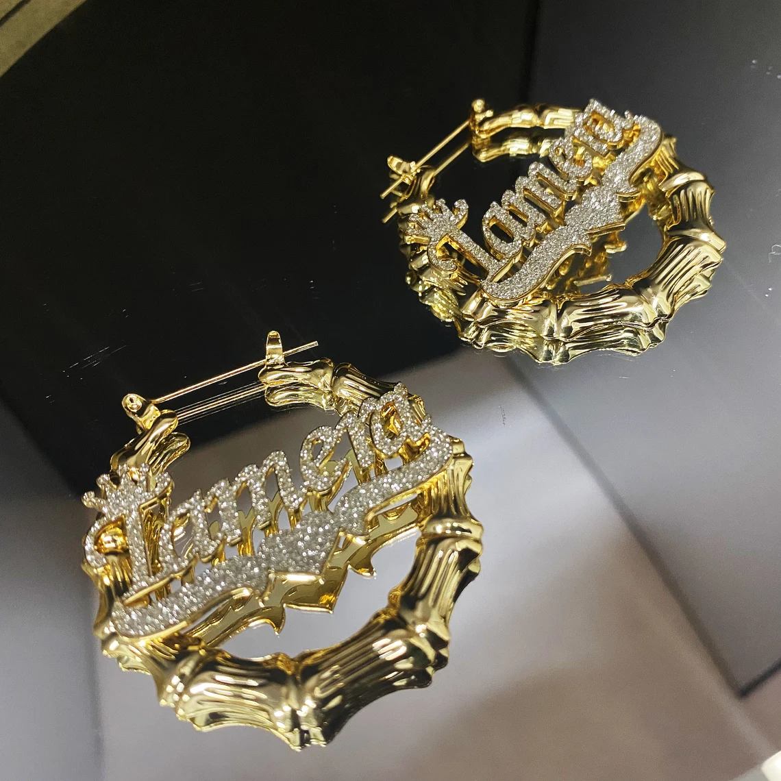 Two Tone Bamboo Crown Heart Bling Custom Name Earrings Gold Plated-silviax