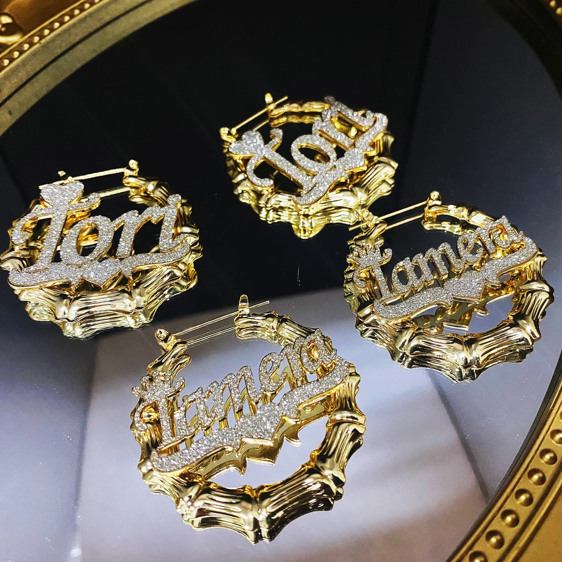 Two Tone Bamboo Crown Heart Bling Custom Name Earrings Gold Plated-silviax