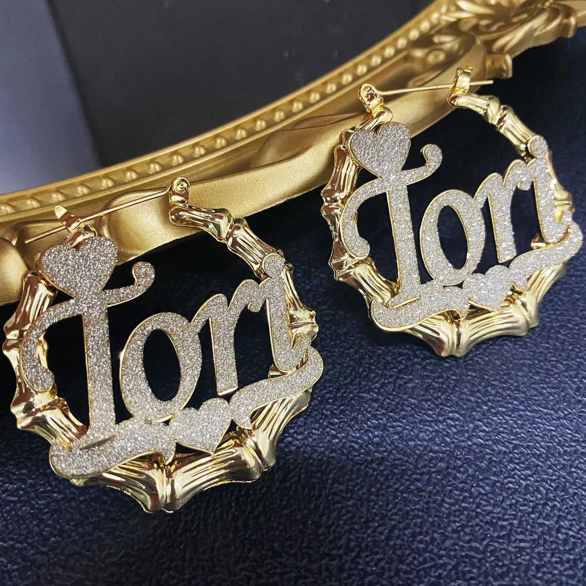 Two Tone Bamboo Crown Heart Bling Custom Name Earrings Gold Plated-silviax