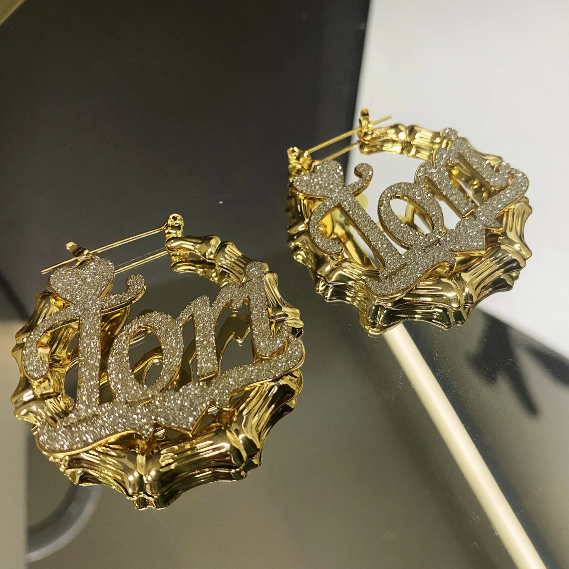 Two Tone Bamboo Crown Heart Bling Custom Name Earrings Gold Plated-silviax