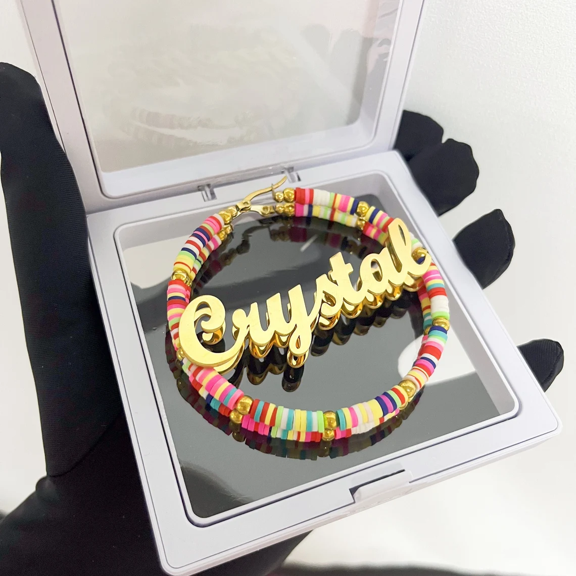 60mm Colorful Name Earring Engraved Bohemia Fimo Clay Personalized Hoop Earrings-silviax