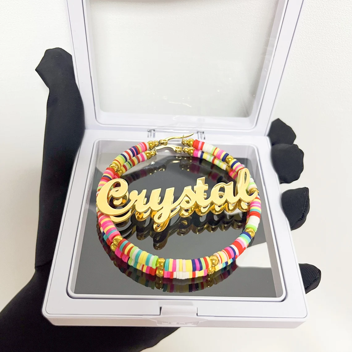 60mm Colorful Name Earring Engraved Bohemia Fimo Clay Personalized Hoop Earrings-silviax