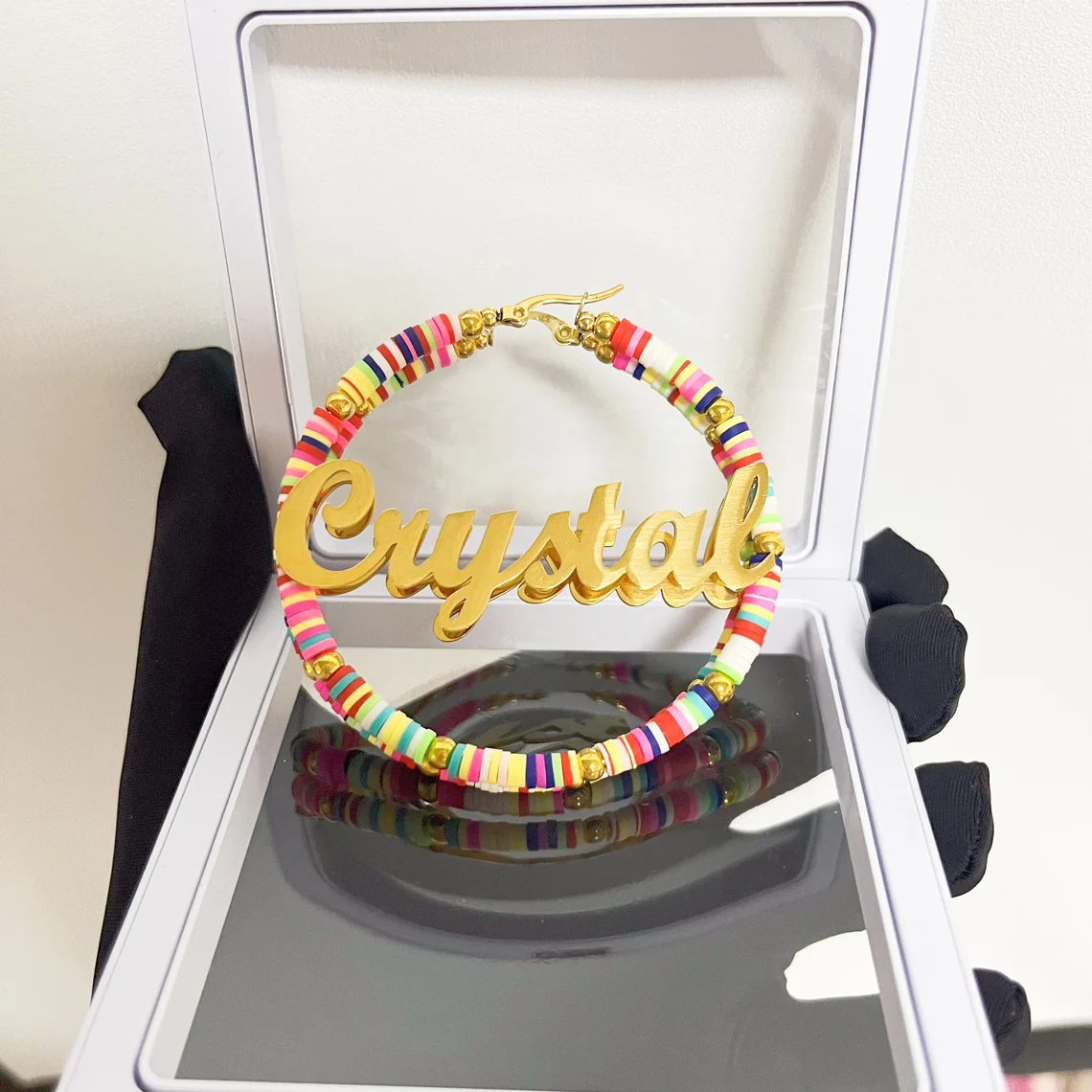 60mm Colorful Name Earring Engraved Bohemia Fimo Clay Personalized Hoop Earrings-silviax