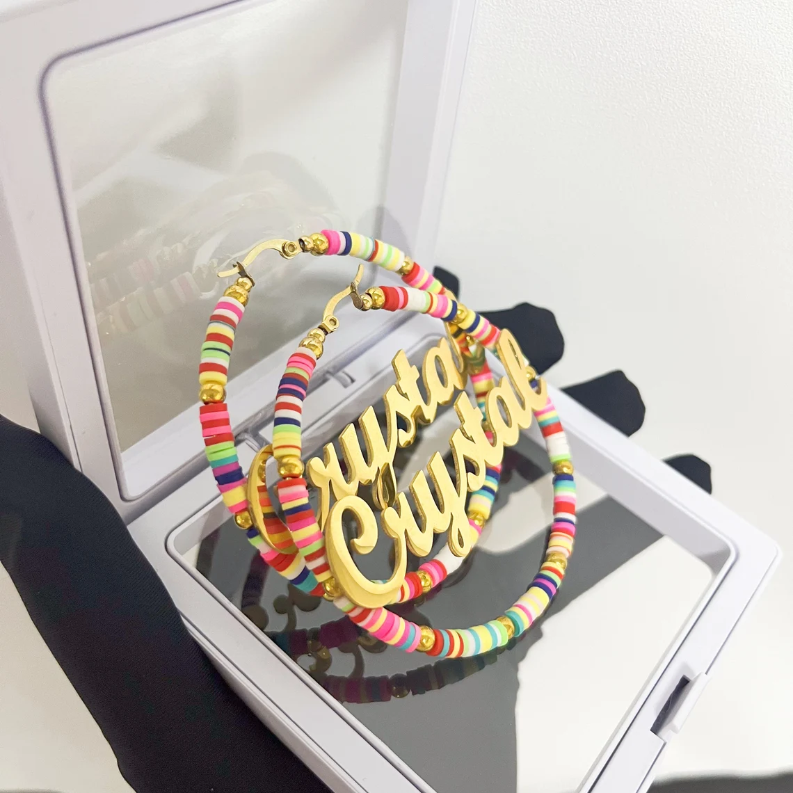 60mm Colorful Name Earring Engraved Bohemia Fimo Clay Personalized Hoop Earrings-silviax