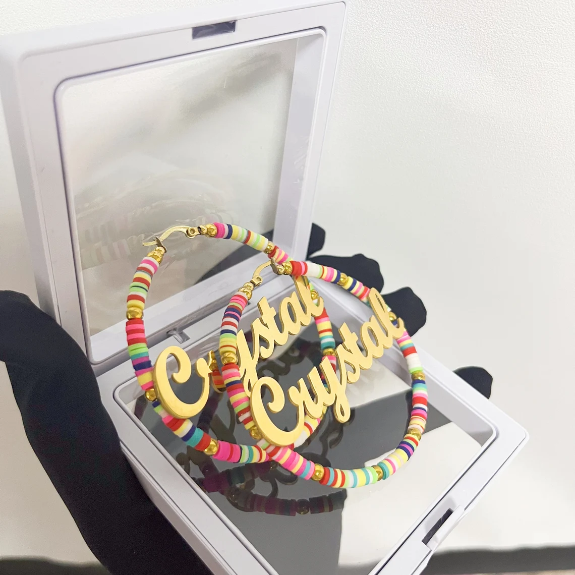 60mm Colorful Name Earring Engraved Bohemia Fimo Clay Personalized Hoop Earrings-silviax