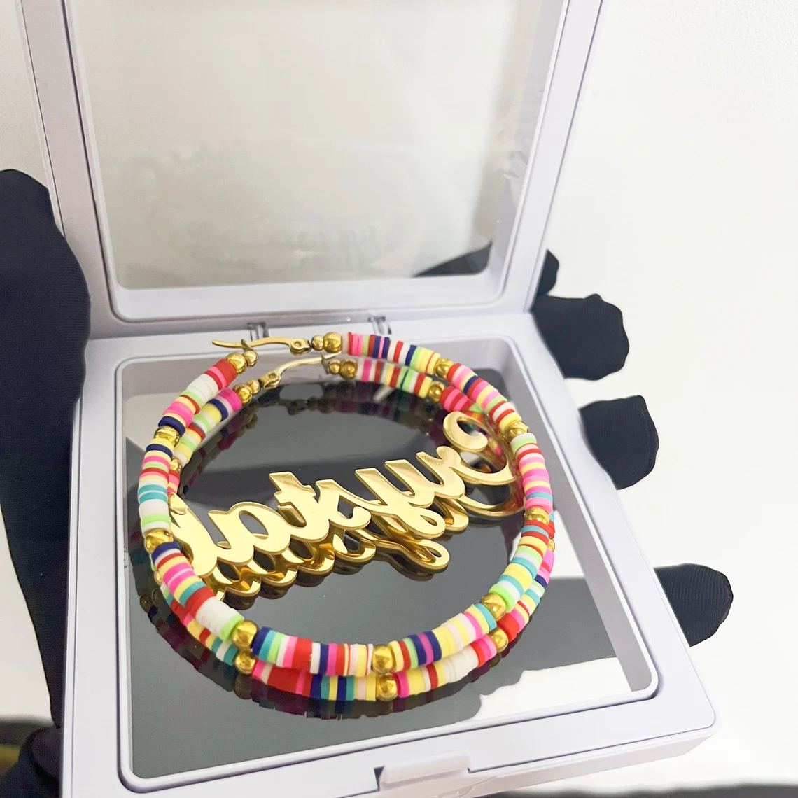 60mm Colorful Name Earring Engraved Bohemia Fimo Clay Personalized Hoop Earrings-silviax