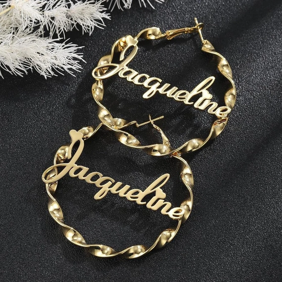 Personalized Custom Heart Embellishing Gold Plated Hoop Twist Name Earring -silviax