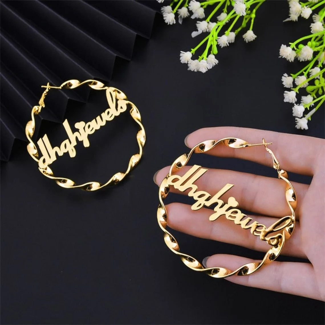 Personalized Custom Heart Embellishing Gold Plated Hoop Twist Name Earring -silviax