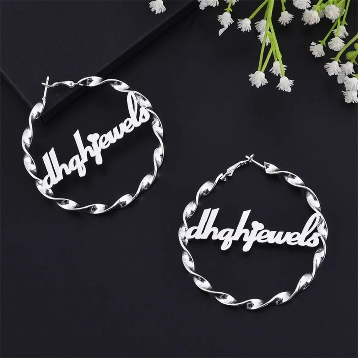 Personalized Custom Heart Embellishing Gold Plated Hoop Twist Name Earring -silviax