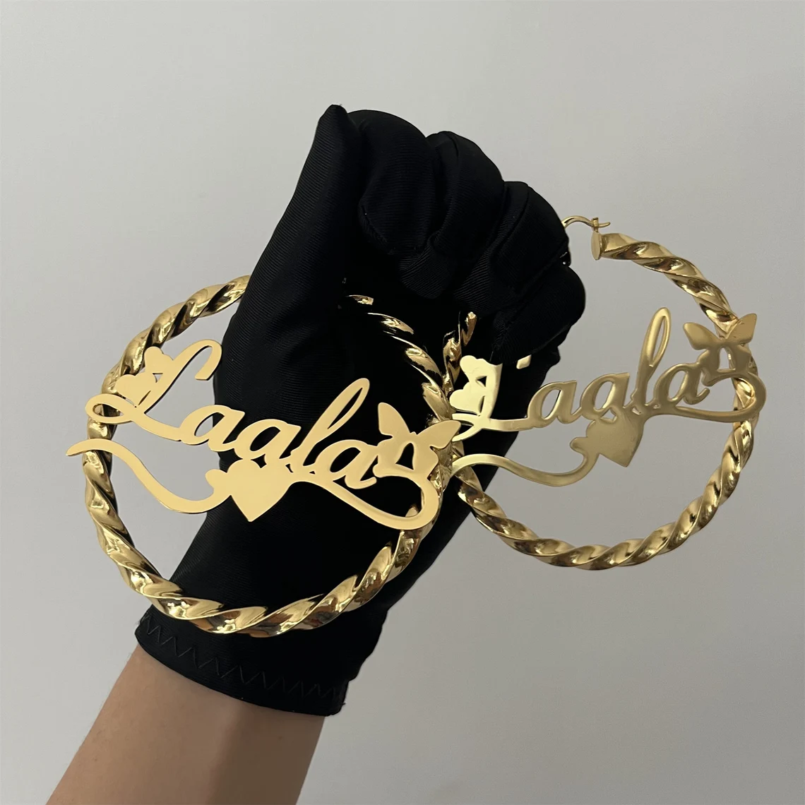 Personalized Custom Butterfly Engraved Love Name Twist Hoop Earrings-silviax