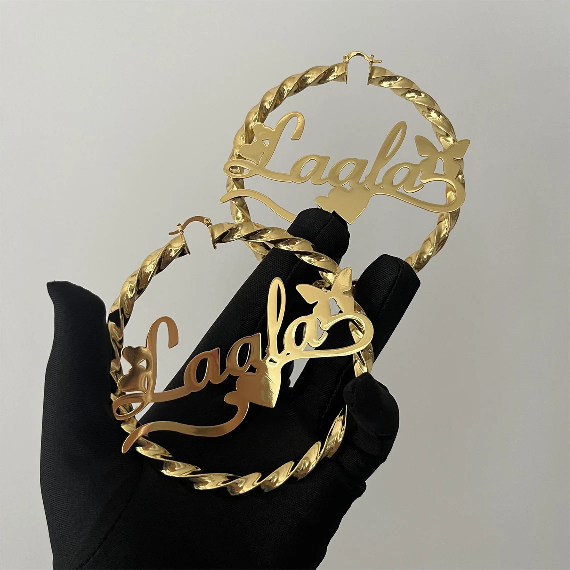 Personalized Custom Butterfly Engraved Love Name Twist Hoop Earrings-silviax