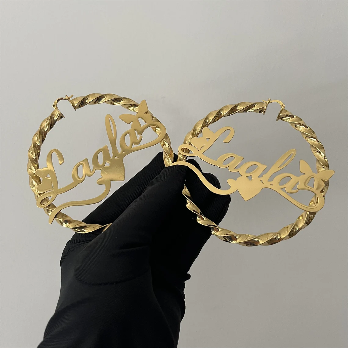 Personalized Custom Butterfly Engraved Love Name Twist Hoop Earrings-silviax