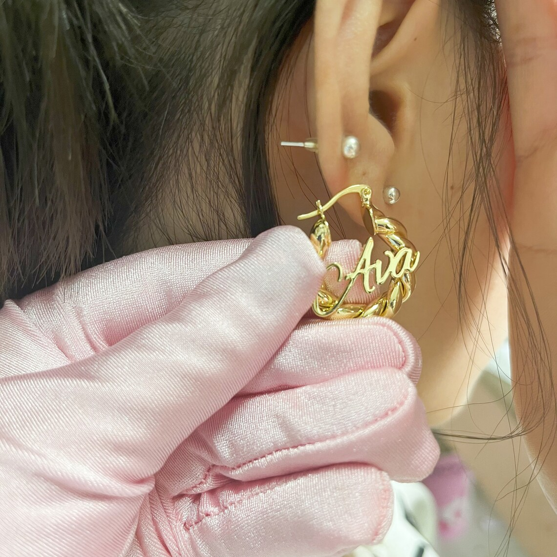 25mm Personalized Custom Gold Plated Mini Baby Nameplate Hoop Earrings Twist Earrings-silviax