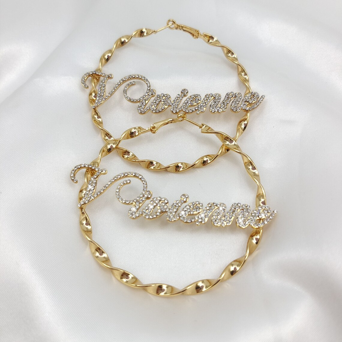 Twist Hoop Earring Bling Diamond Gold Plated Personalized Custom Name Earrings -silviax