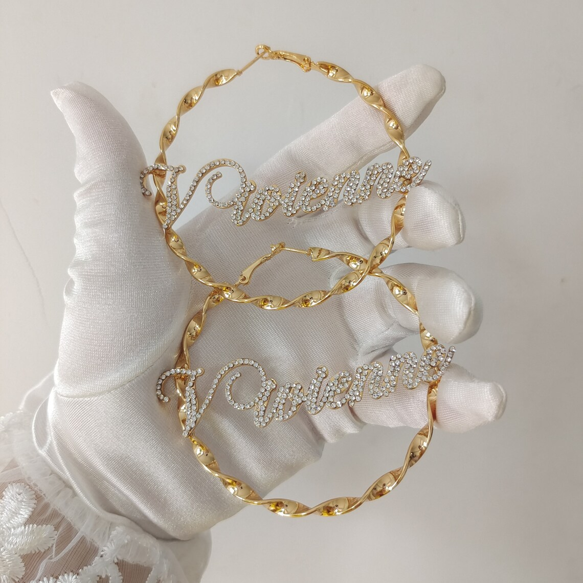 Twist Hoop Earring Bling Diamond Gold Plated Personalized Custom Name Earrings -silviax