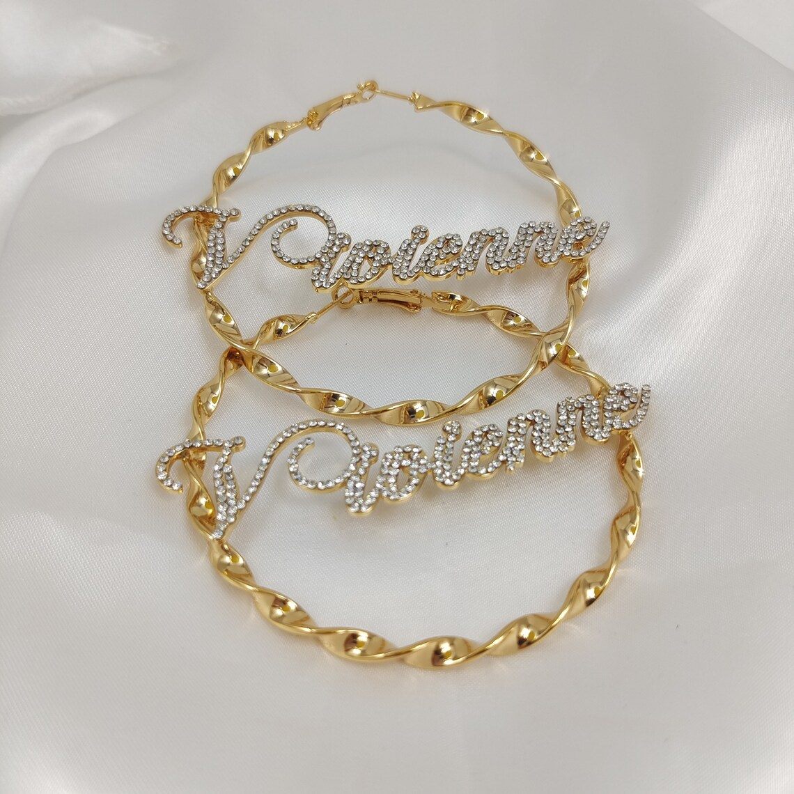 Twist Hoop Earring Bling Diamond Gold Plated Personalized Custom Name Earrings -silviax
