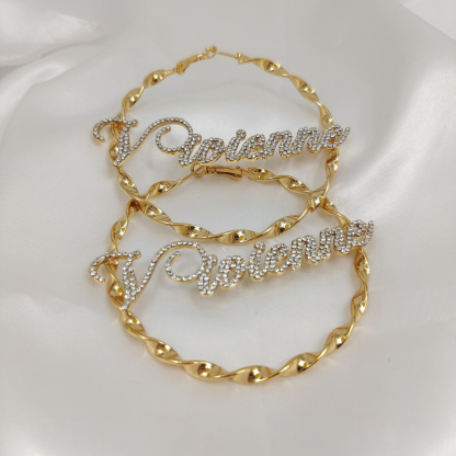 Twist Hoop Earring Bling Diamond Gold Plated Personalized Custom Name Earrings -silviax