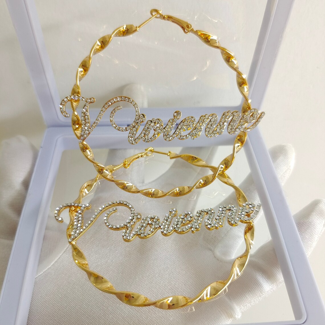Twist Hoop Earring Bling Diamond Gold Plated Personalized Custom Name Earrings -silviax