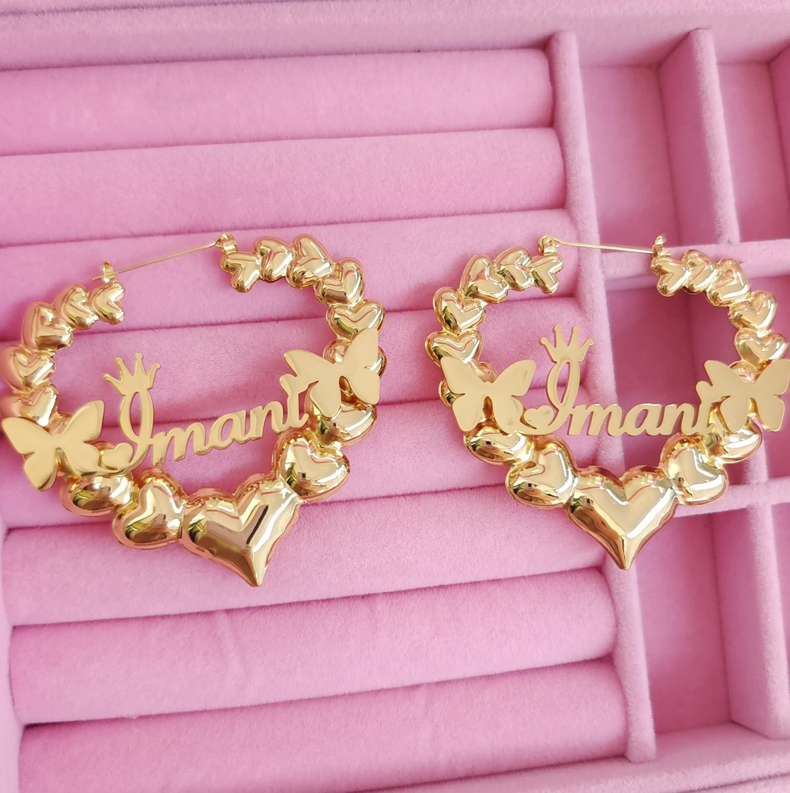 Crown Heart Bamboo Earring Batterfly Personalized Custom Girls Name Earrings -silviax