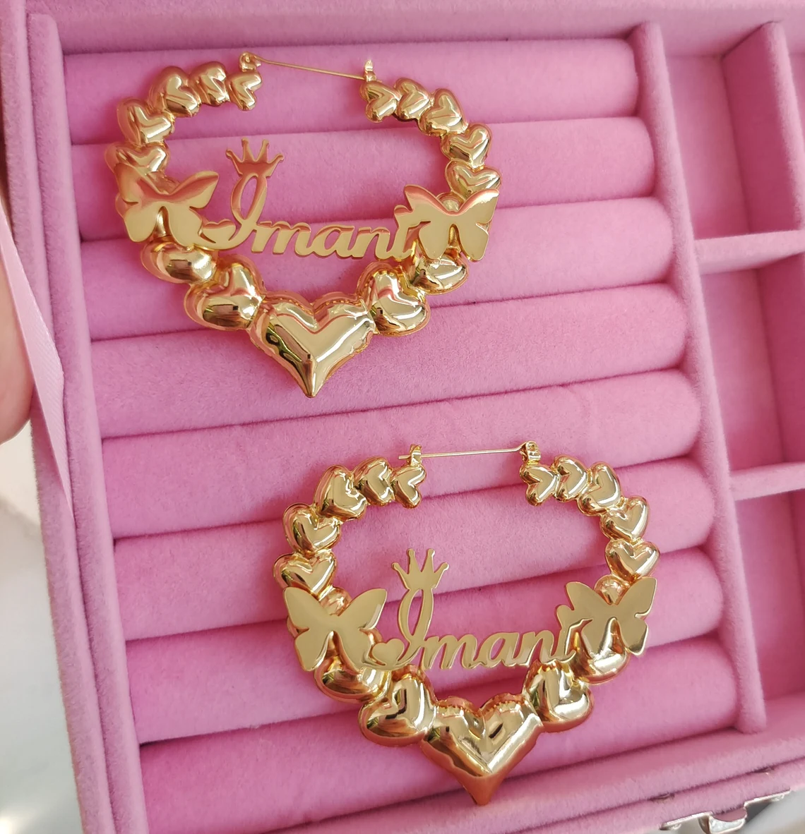 Crown Heart Bamboo Earring Batterfly Personalized Custom Girls Name Earrings -silviax