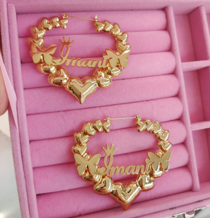 Crown Heart Bamboo Earring Batterfly Personalized Custom Girls Name Earrings -silviax