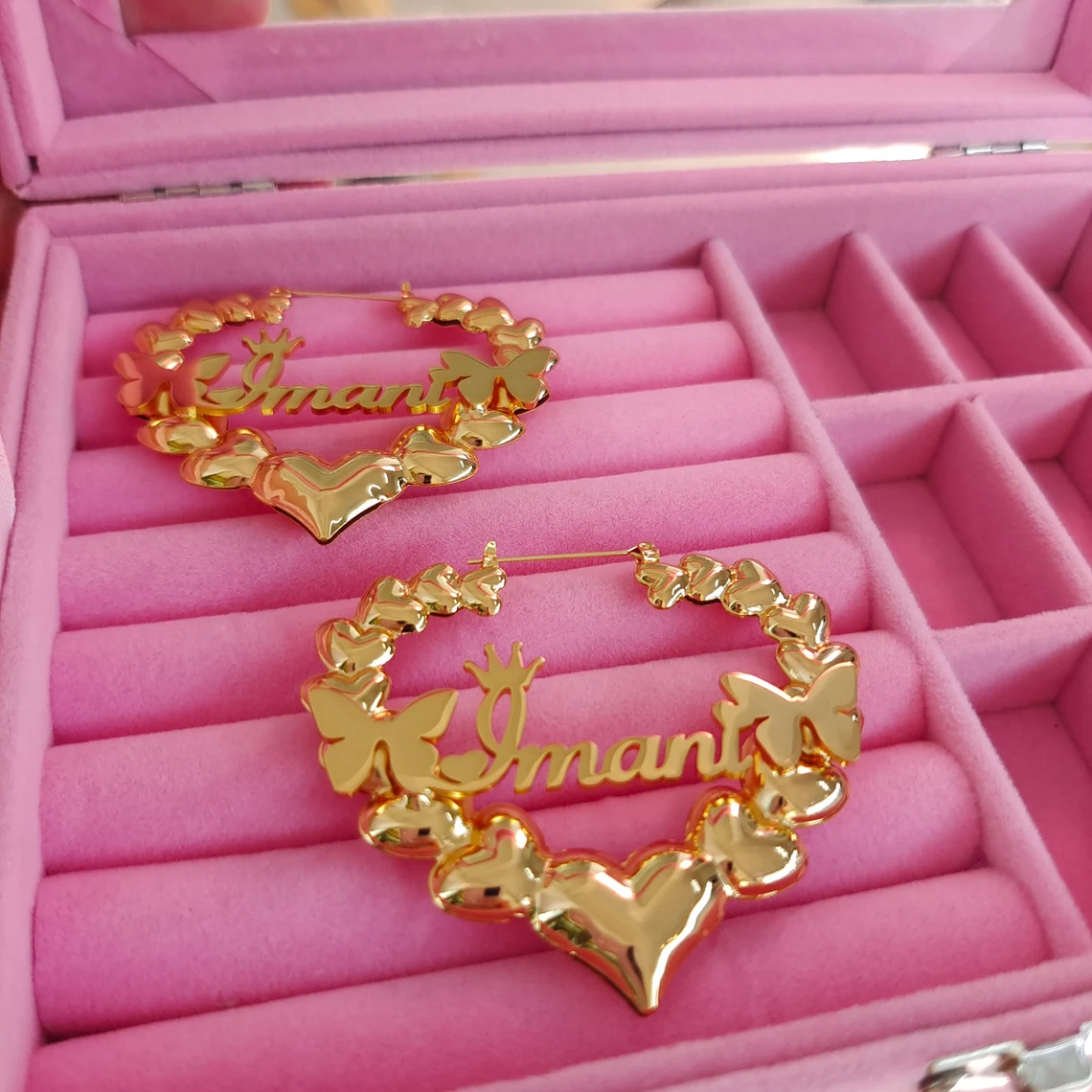Crown Heart Bamboo Earring Batterfly Personalized Custom Girls Name Earrings -silviax