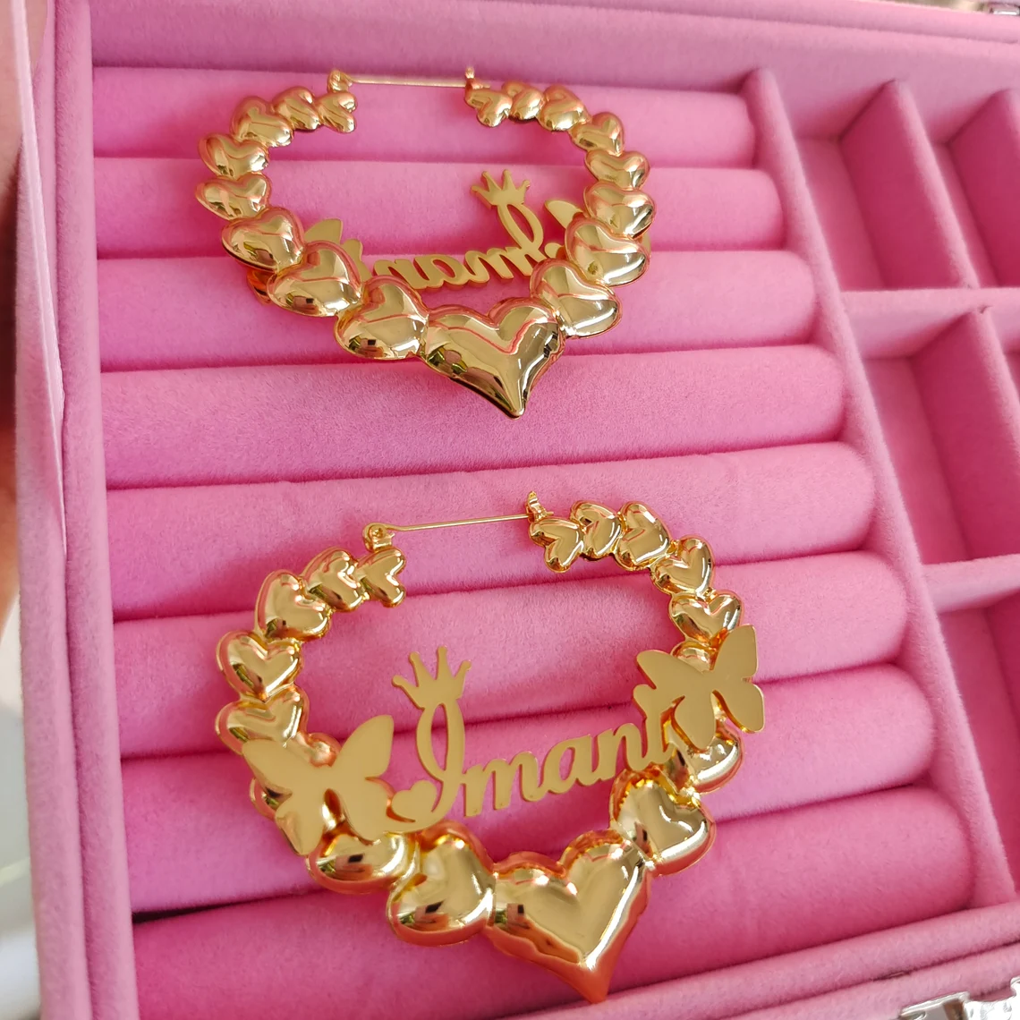 Crown Heart Bamboo Earring Batterfly Personalized Custom Girls Name Earrings -silviax