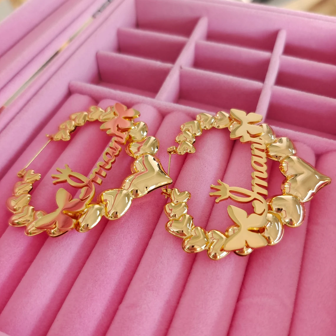 Crown Heart Bamboo Earring Batterfly Personalized Custom Girls Name Earrings -silviax