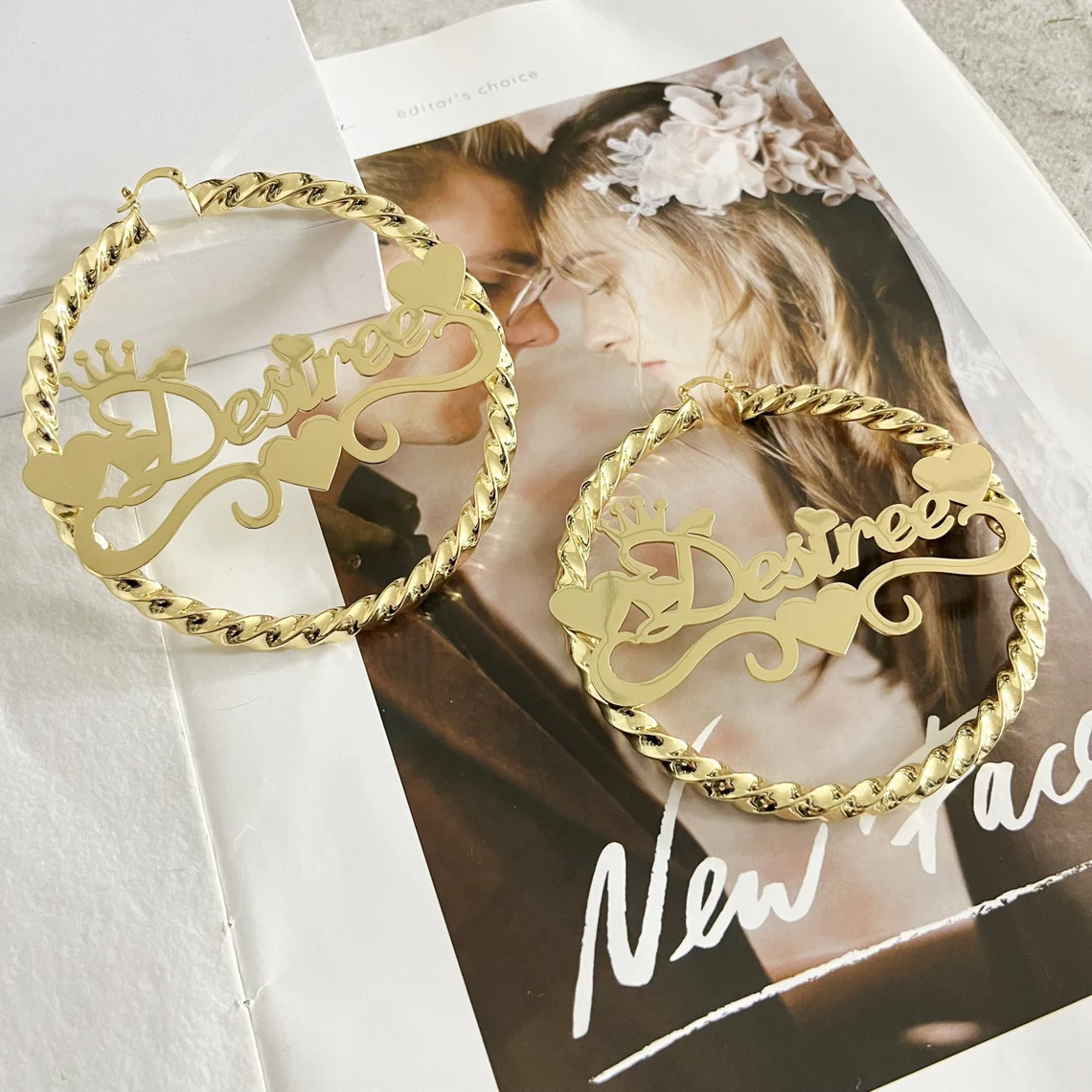 Twist Hoop Earring Personalized Heart Crown Fashion Women Name Earrings -silviax