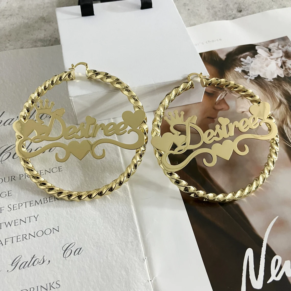 Twist Hoop Earring Personalized Heart Crown Fashion Women Name Earrings -silviax