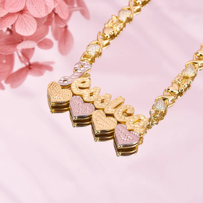 Teddy Bear and Heart XOXO Chain Double Layer Two Tone Four Hearts Personalized Custom Name Necklace-silviax
