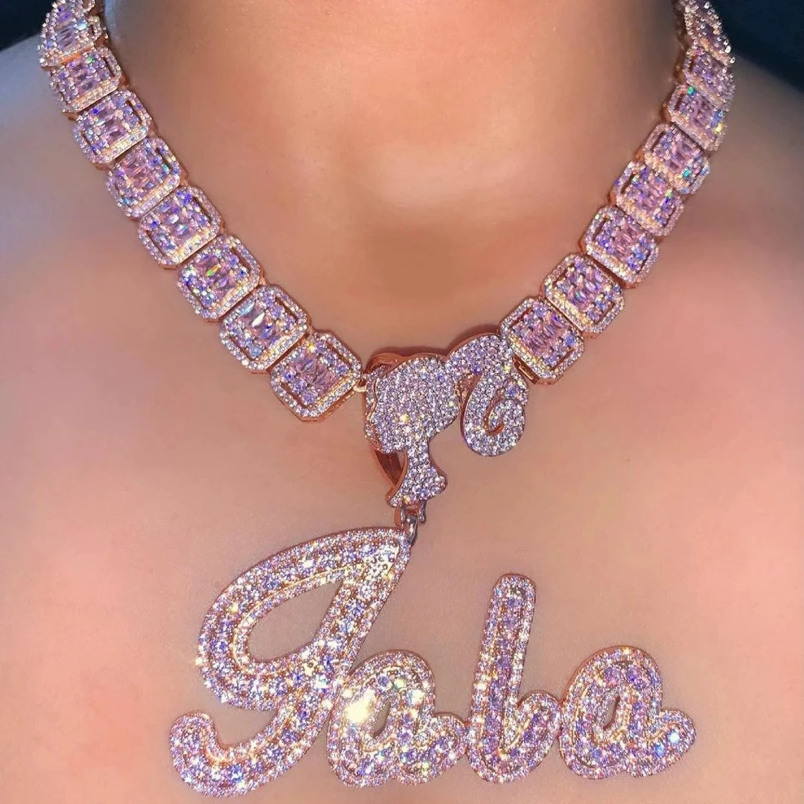 Baguettes Chain 1-6 Letters Pink Iced Out Girl Hook Custom Necklace-silviax