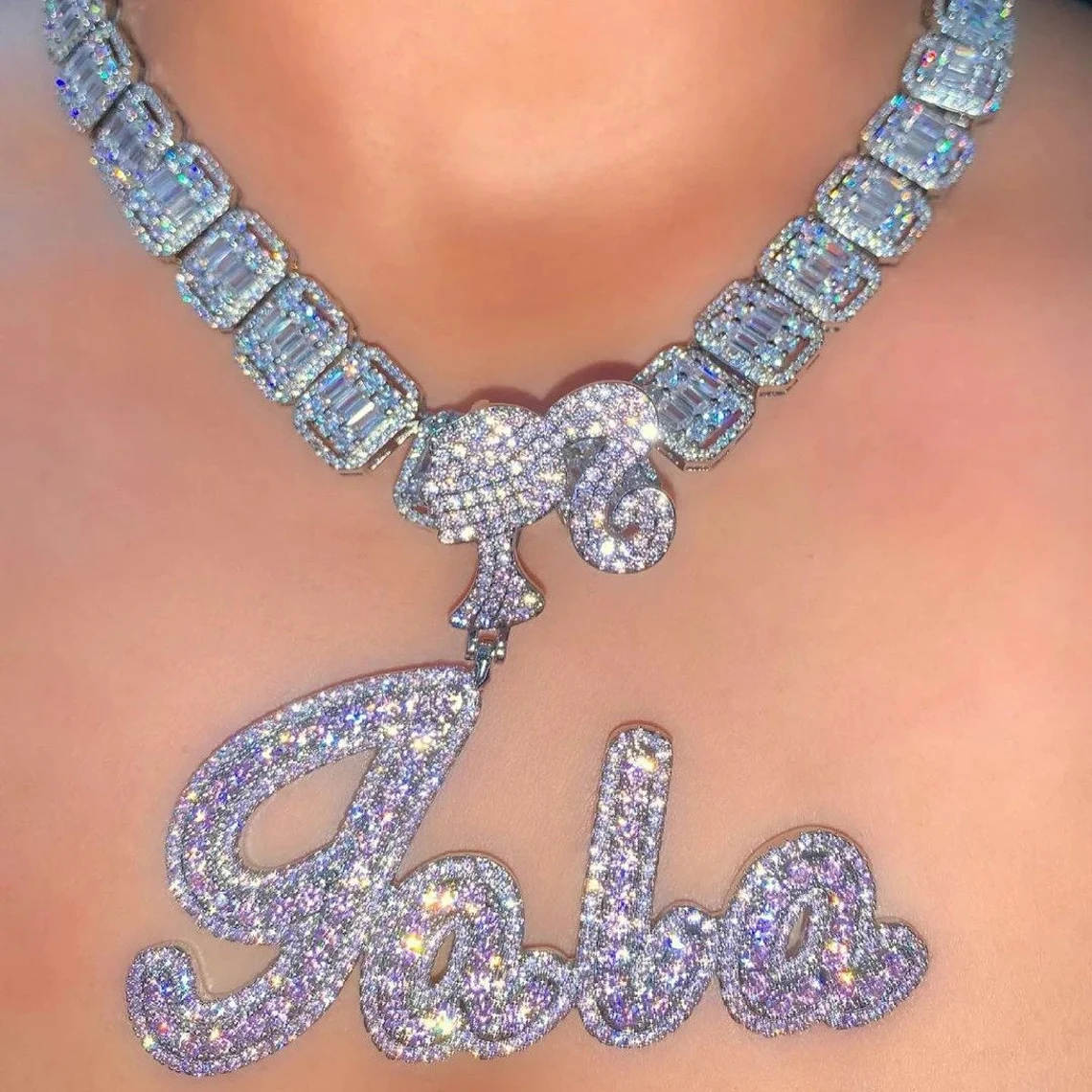 Baguettes Chain 1-6 Letters Pink Iced Out Girl Hook Custom Necklace-silviax