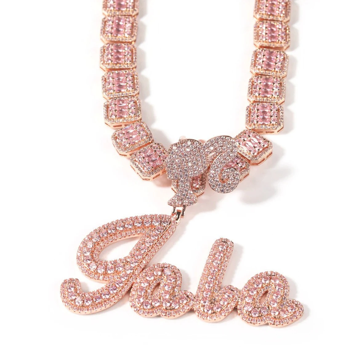 Baguettes Chain 1-6 Letters Pink Iced Out Girl Hook Custom Necklace-silviax