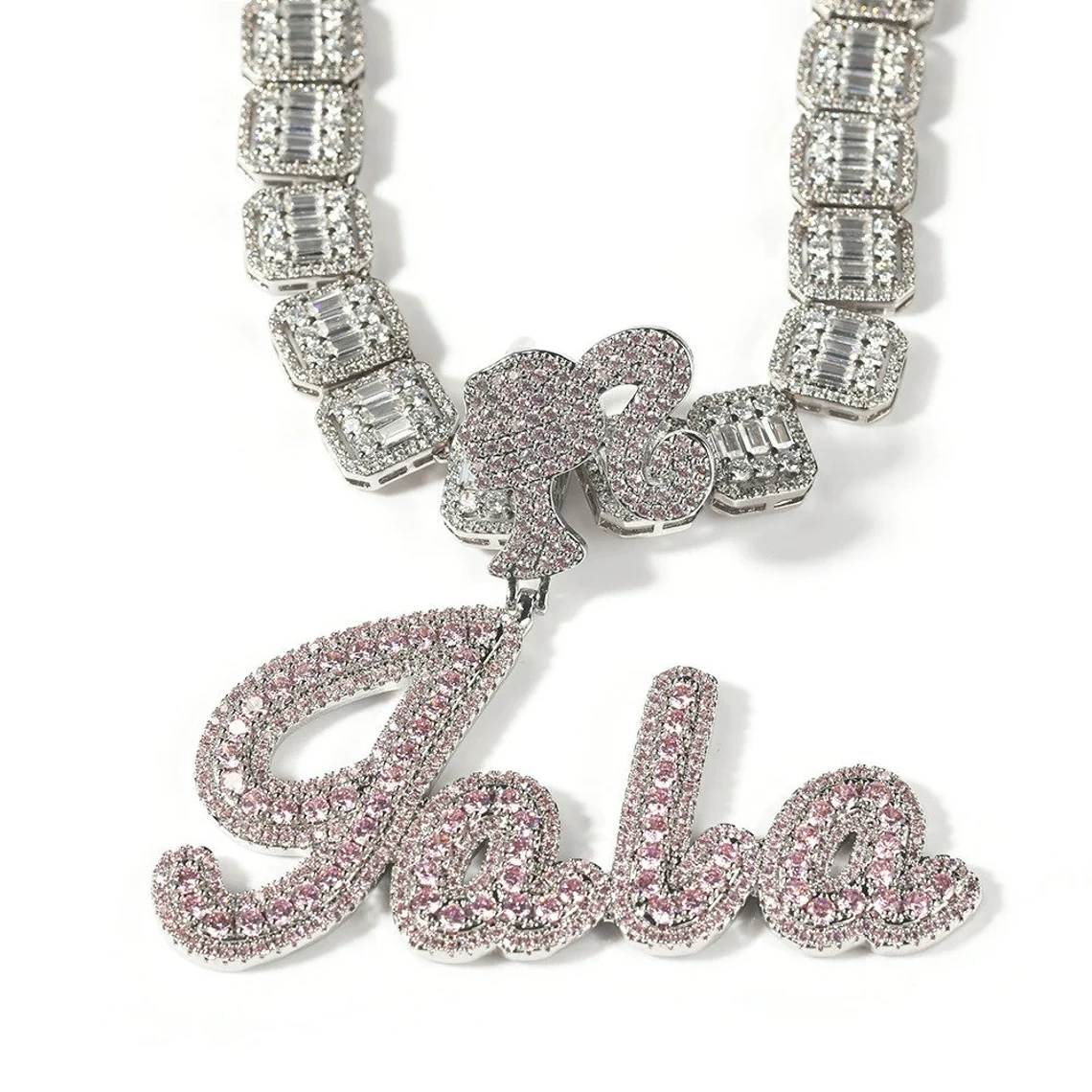 Baguettes Chain 1-6 Letters Pink Iced Out Girl Hook Custom Necklace-silviax