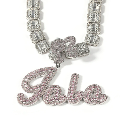 Baguettes Chain 1-6 Letters Pink Iced Out Girl Hook Custom Necklace-silviax