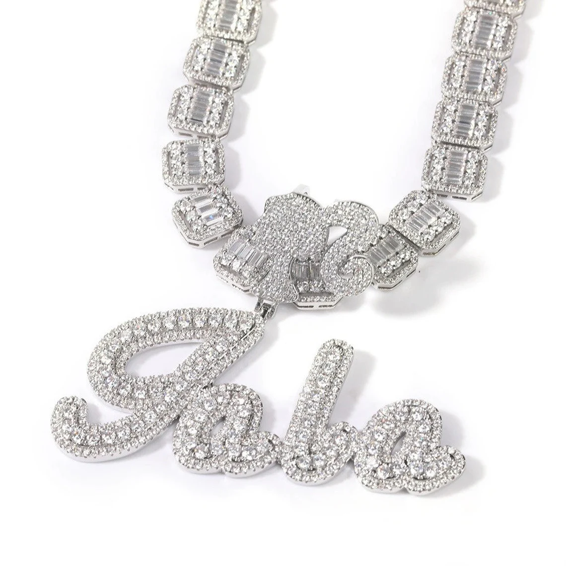 Baguettes Chain 1-6 Letters Pink Iced Out Girl Hook Custom Necklace-silviax