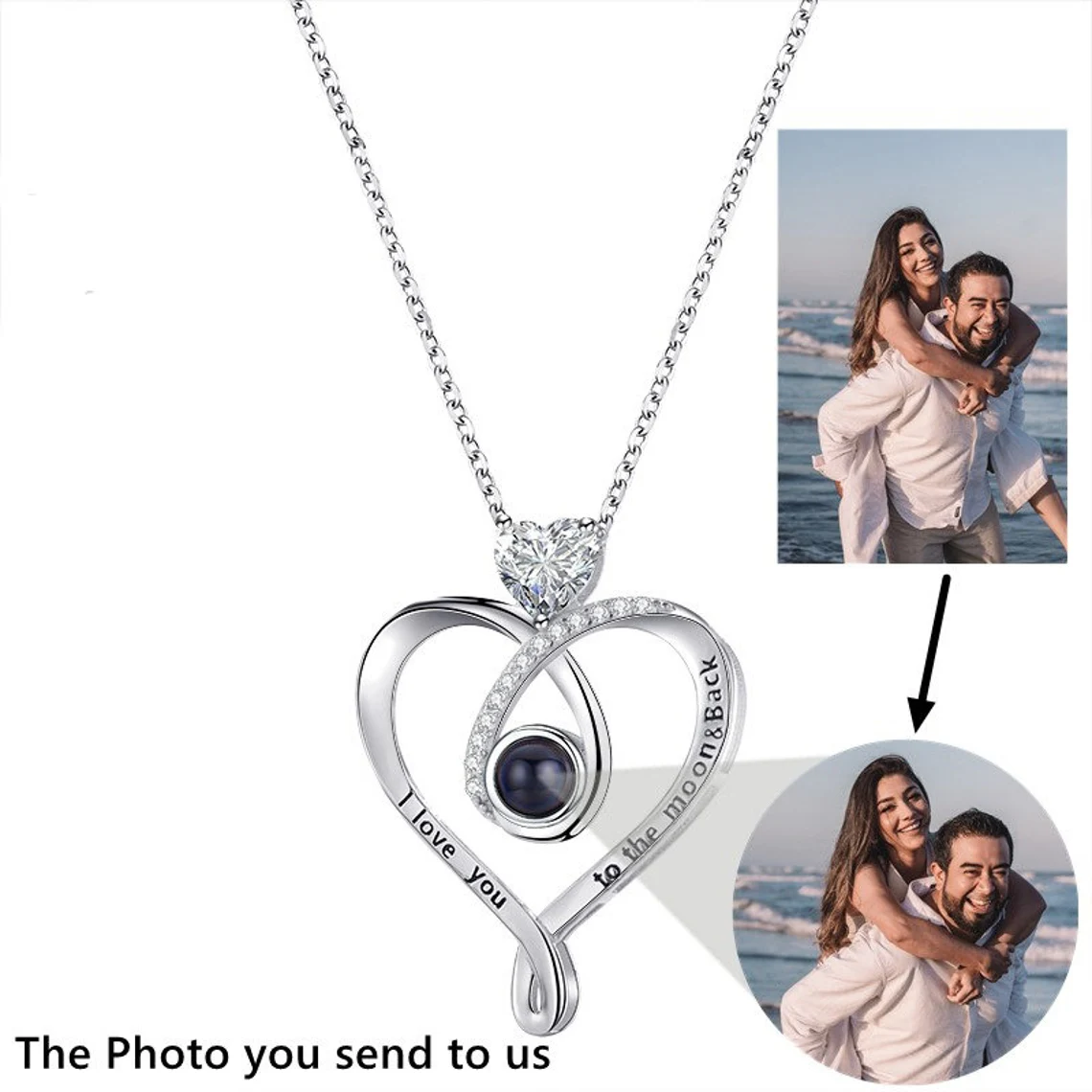 Heart Zircon Photo ProjectionPendant Personalized Custom Name Necklace