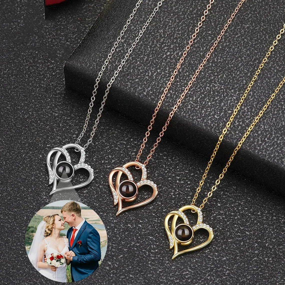 Heart Pendant Zircon Personalized Photo Projection Necklace