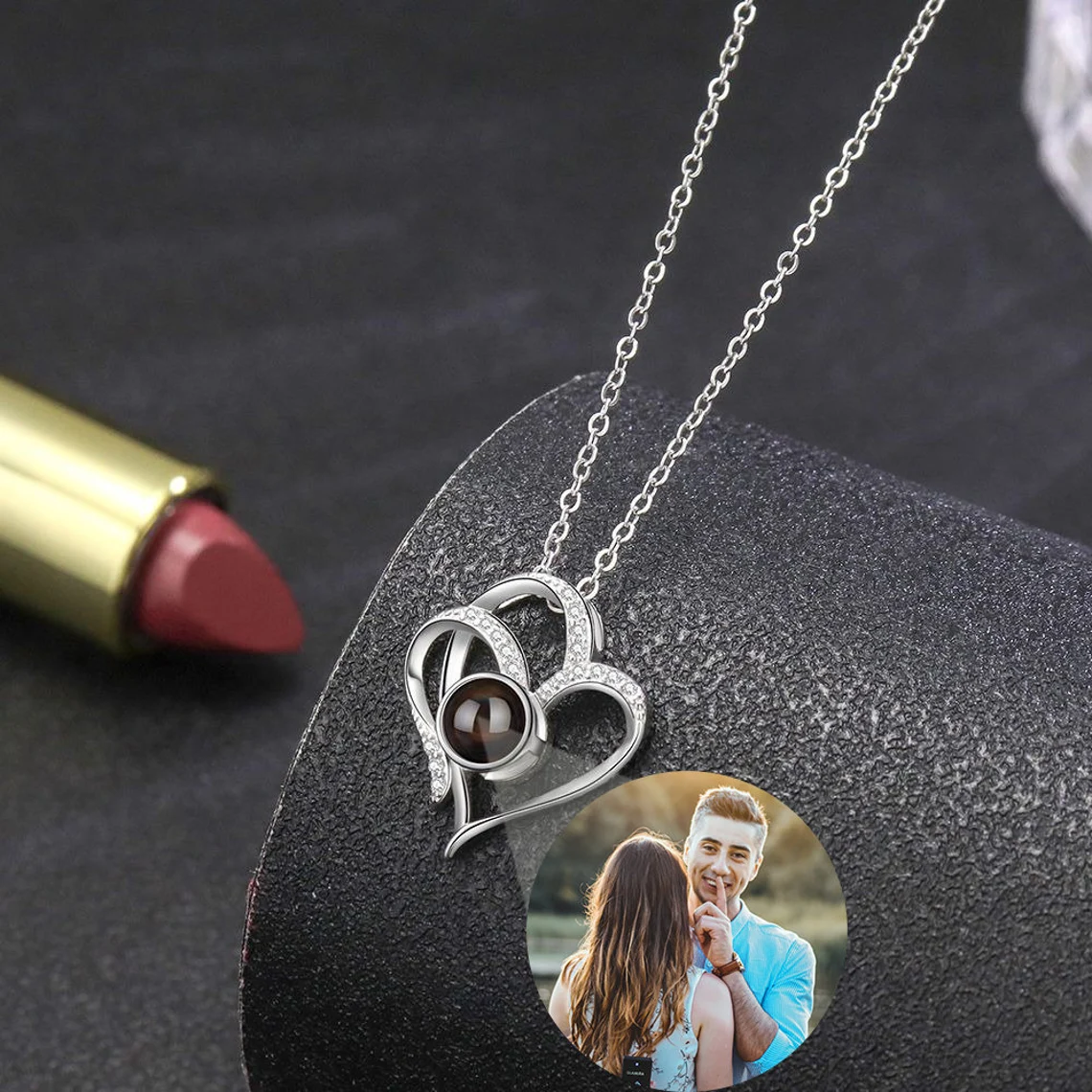 Heart Pendant Zircon Personalized Photo Projection Necklace