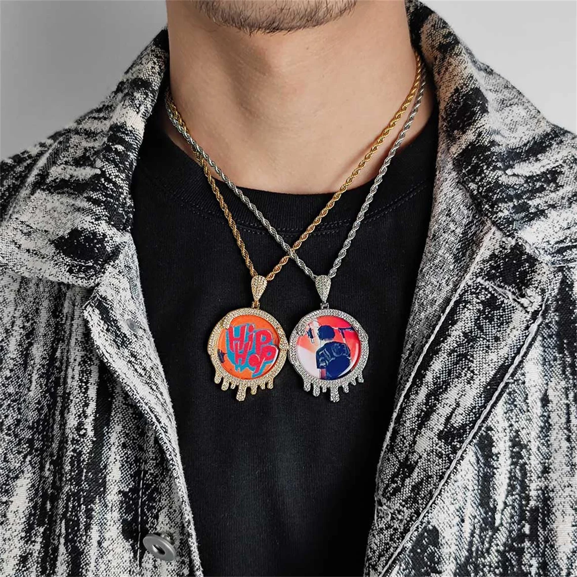 Iced Out Photo Pendant With Twist Chain Hip Hop Style Personalized Photo Necklace 