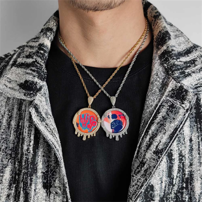Iced Out Photo Pendant With Twist Chain Hip Hop Style Personalized Photo Necklace 