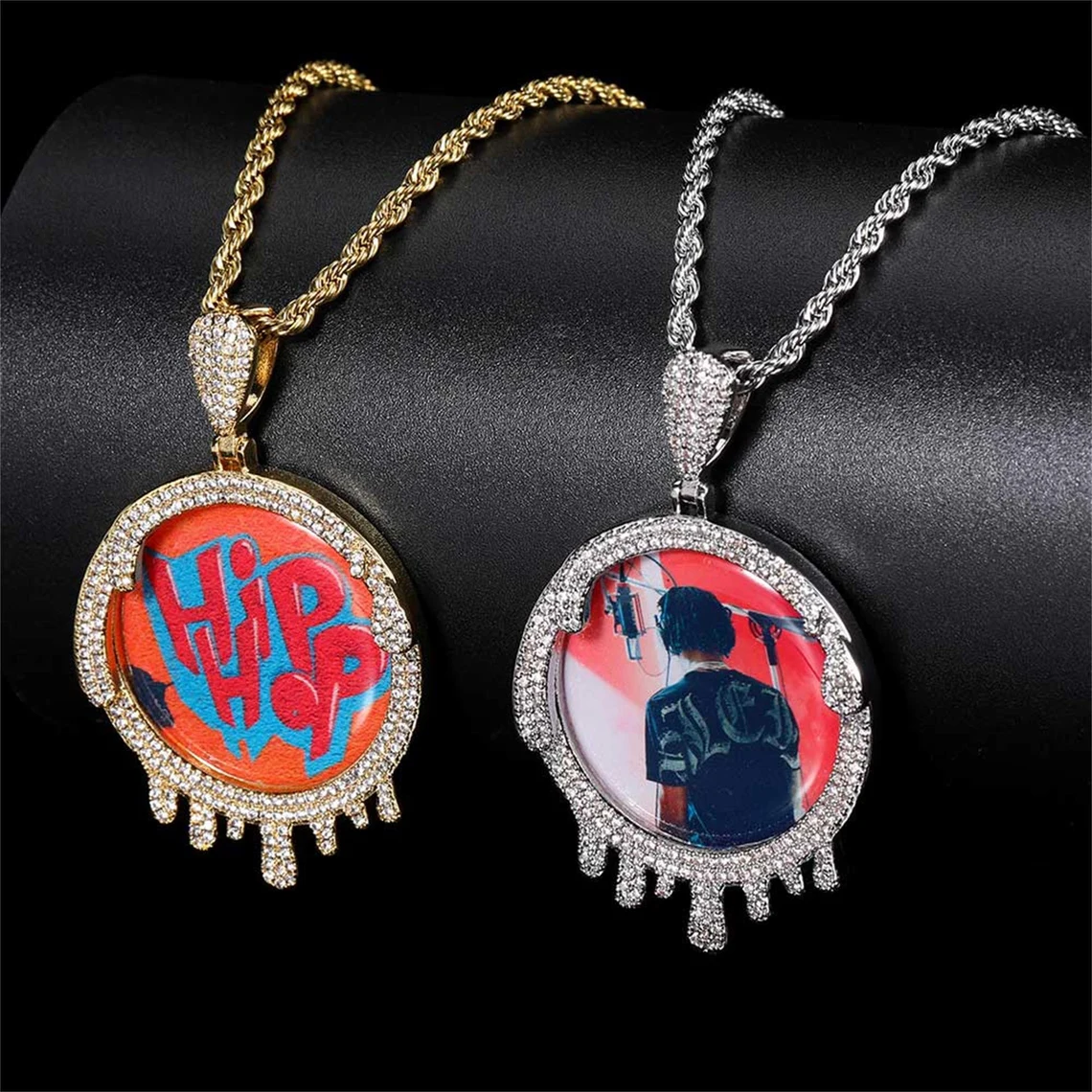 Iced Out Photo Pendant With Twist Chain Hip Hop Style Personalized Photo Necklace 