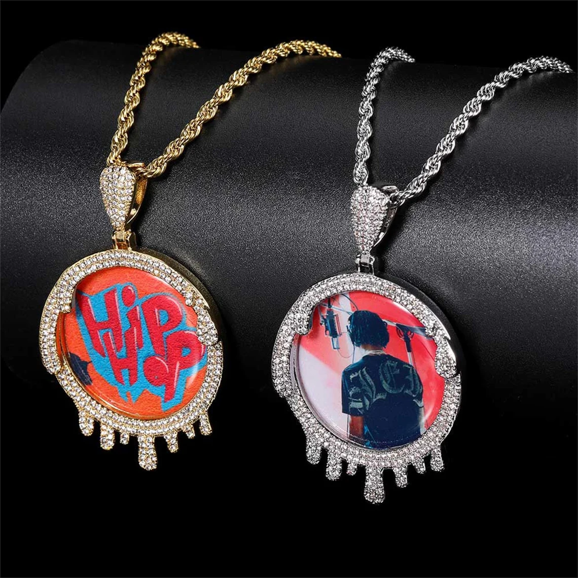 Iced Out Photo Pendant With Twist Chain Hip Hop Style Personalized Pho