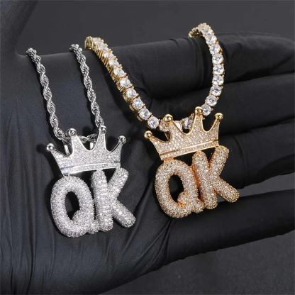 2-6 Letters Crown Name Pendant Rope Chain Iced Out Custom Necklace