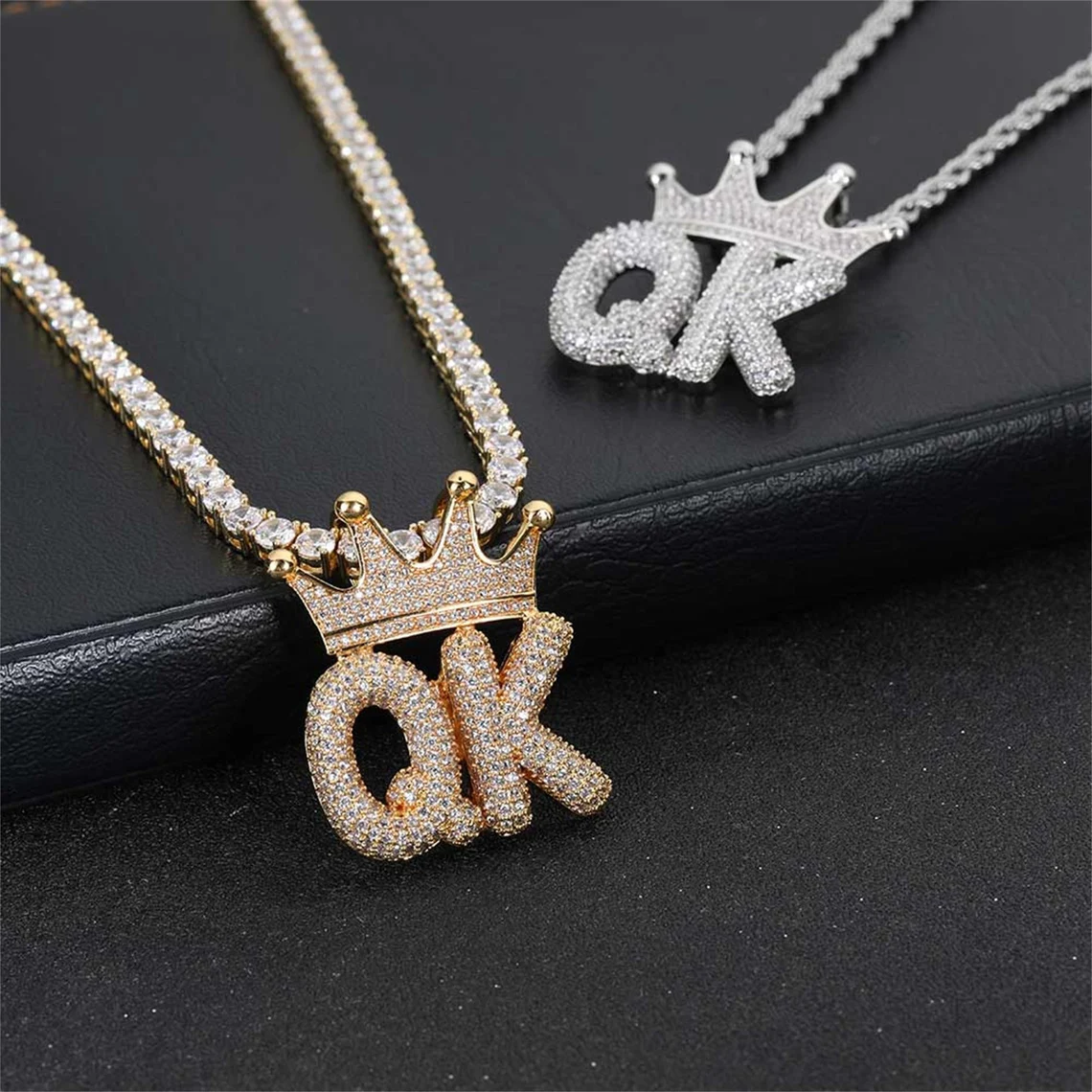 2-6 Letters Crown Name Pendant Rope Chain Iced Out Custom Necklace