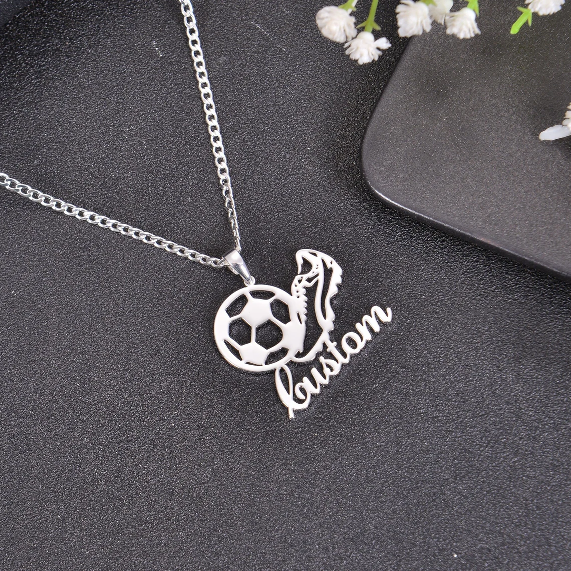 Personalized Name Engraved Soccer Pendant Necklace Custom Name Necklace