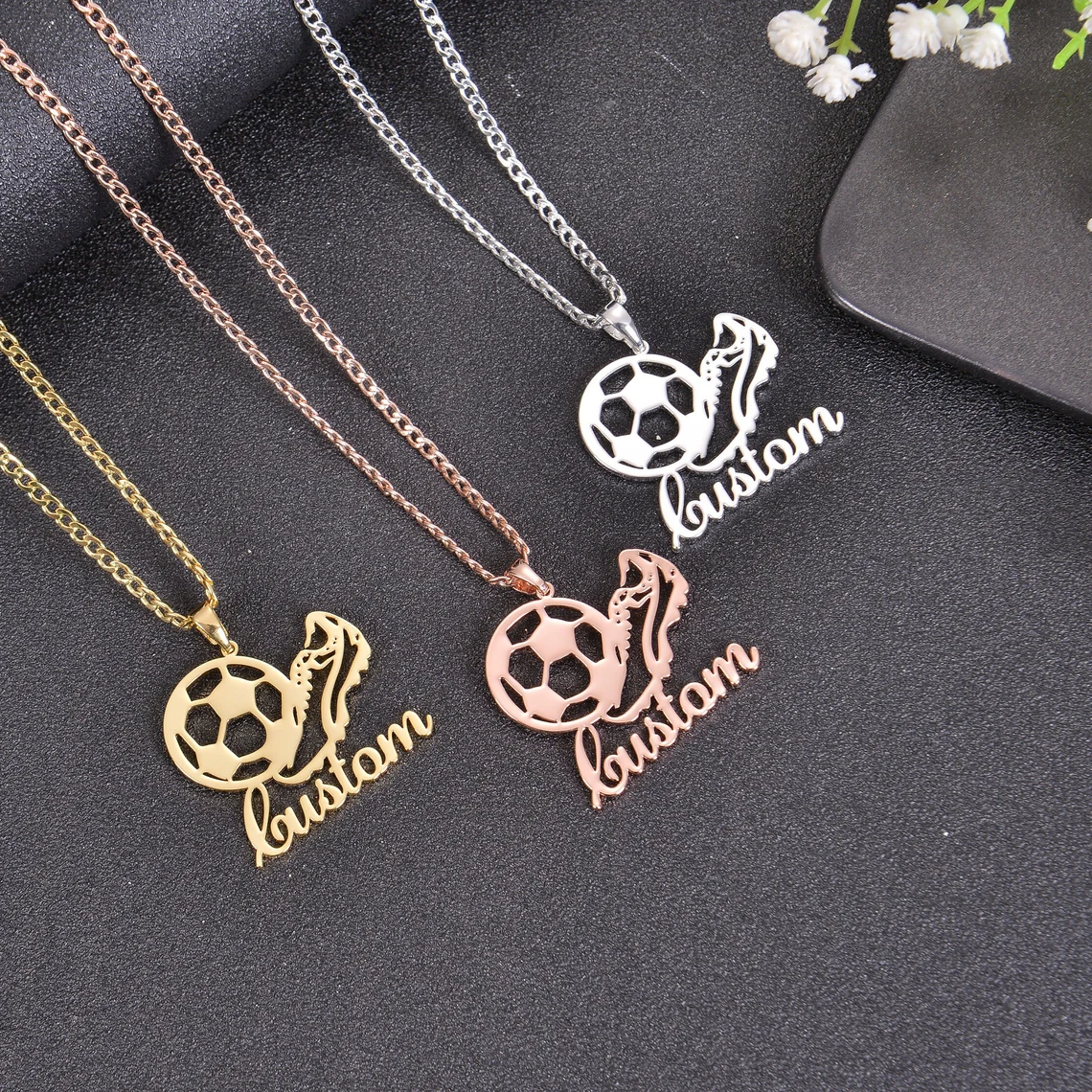 Personalized Name Engraved Soccer Pendant Necklace Custom Name Necklace