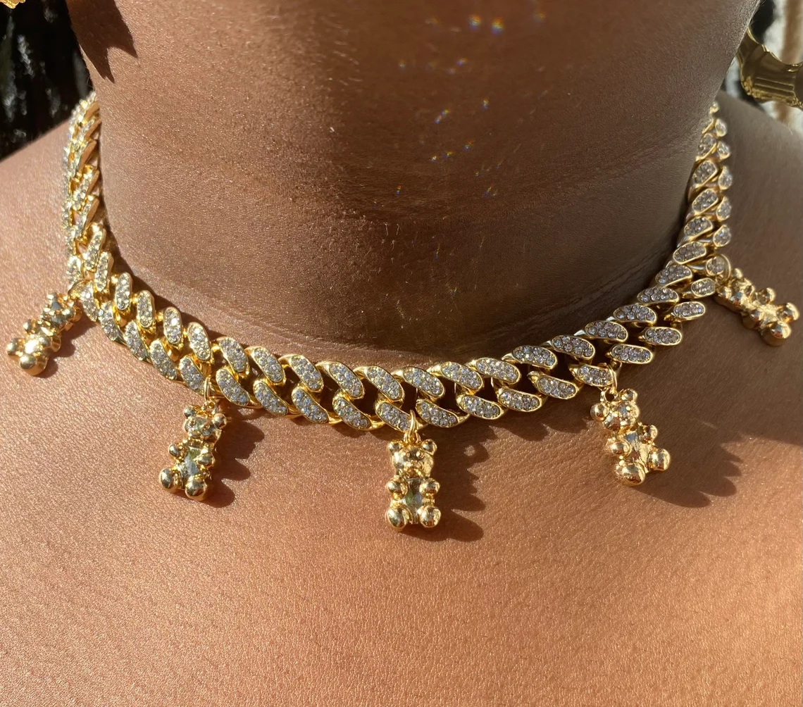 Bear Cuban Link Chain Choker Gold Plated Necklace