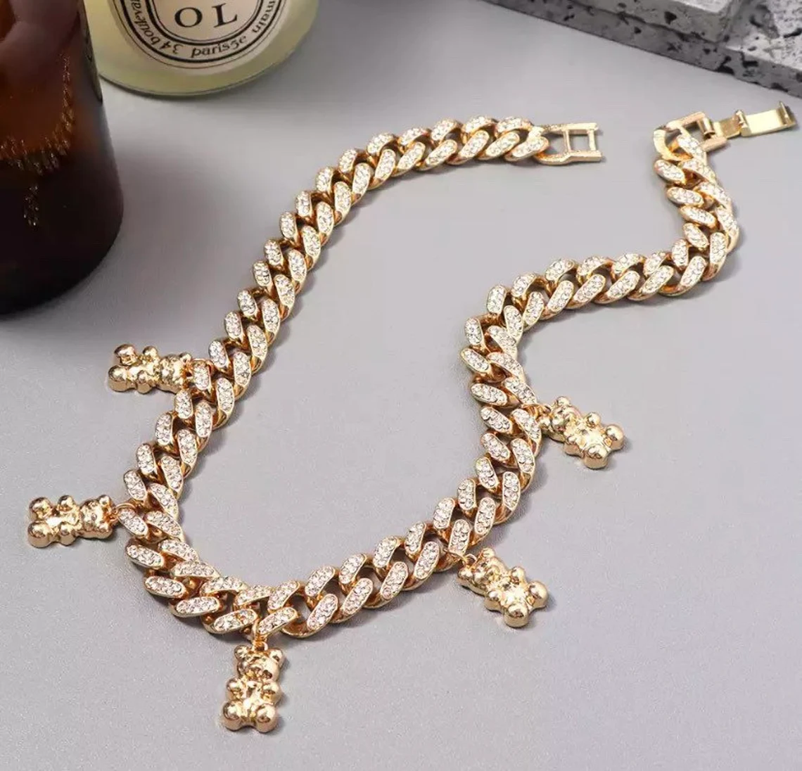 Bear Cuban Link Chain Choker Gold Plated Necklace
